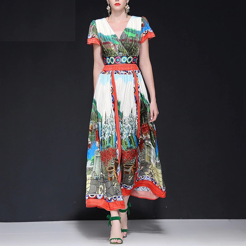Designer Painting Print Sexy V Neck Party Maxi Dresses - Power Day Sale