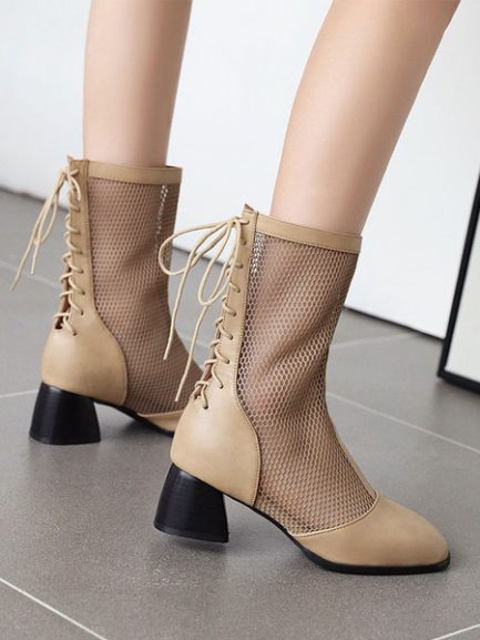 Mesh Boots Block Heel Square Toe Boots - Power Day Sale