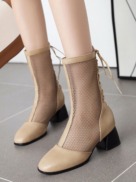 Mesh Boots Block Heel Square Toe Boots - Power Day Sale