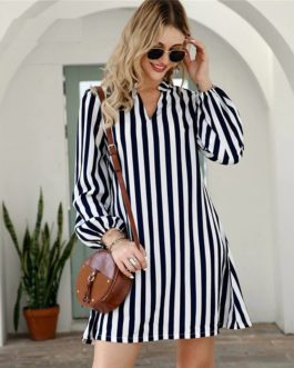Notched Collar Striped Casual Short Tunic Dresses