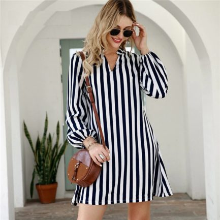 Notched Collar Striped Casual Short Tunic Dresses - Power Day Sale