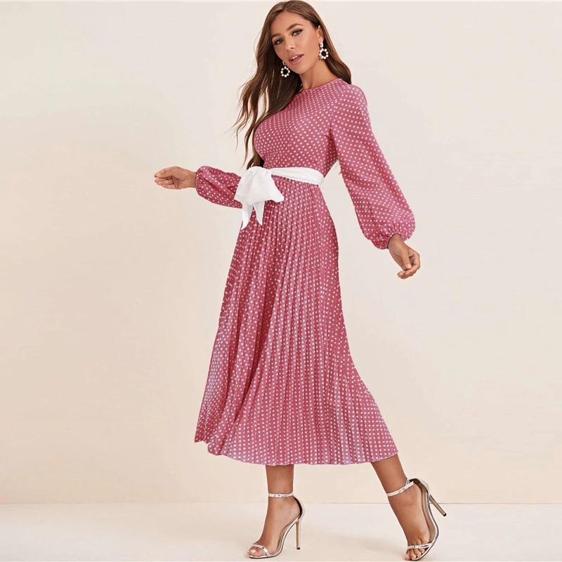 Polka Dot Pleated A Line Elegant High Waist Long Dresses - Power Day Sale