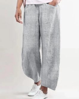 Solid Color Elastic Waist Cotton Casual Pants