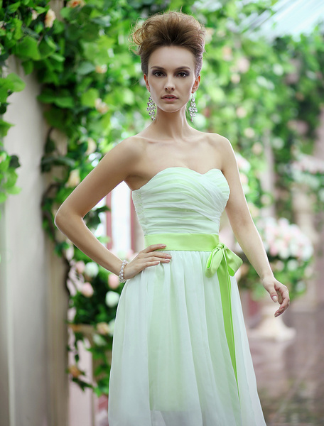 Strapless Sash Bow Lace Up Organza Bridesmaid Dress - Power Day Sale