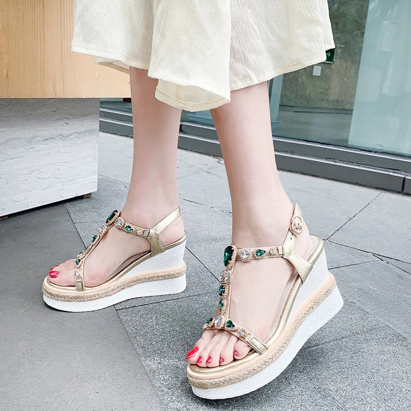 Straw Weave Crystal Heepskin Casual Wedges Sandals - Power Day Sale