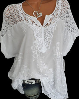 Top – Crochet Style Shoulder Floral Embroidered Accents