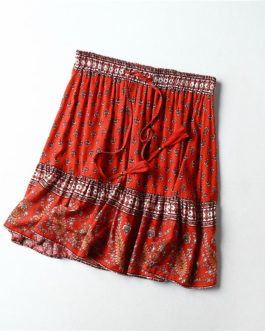 Vintage chic hippie floral printed tassel beach skirt