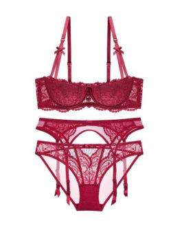 Sexy Embroidery Bra and Panty With Garters 3pcs Sets