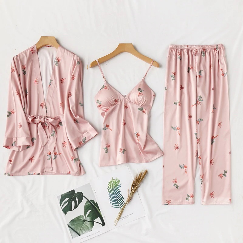 Casual Floral Print Silk Sleepwear Set