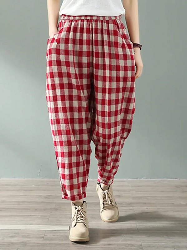 Casual Plaid Elastic Waist Side Pockets Harlan Pants