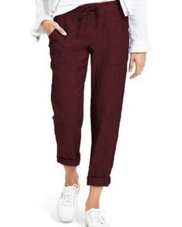 Casual Solid Color Elastic Waist Side Pockets Trouser Pants