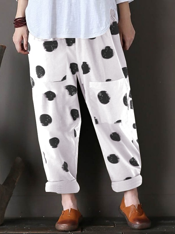 Cotton Polka Dot Elastic Waist Pants with Pockets - Power Day Sale