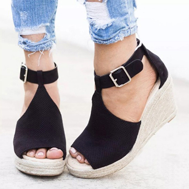 Curvy T-Strap Wedge Sandal - Moderate Heel Height - Power Day Sale
