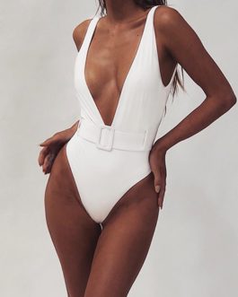 Deep V-Neckline Belt and Buckle Accented Swimsuit