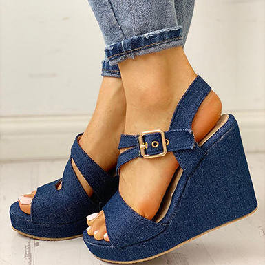 Denim Wedges - Gold Buckles - Power Day Sale