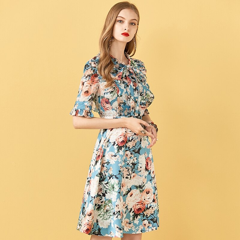 Elegant Floral Print Bow Beading Midi Dress - Power Day Sale