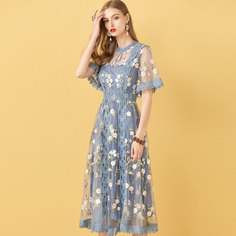 Elegant Flowers Embroidery Party Midi Dresses - Power Day Sale