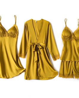 Elegant Shorts Faux Silk Nightdress 4 Pieces