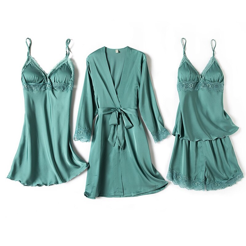 Elegant Shorts Faux Silk Nightdress 4 Pieces - Power Day Sale