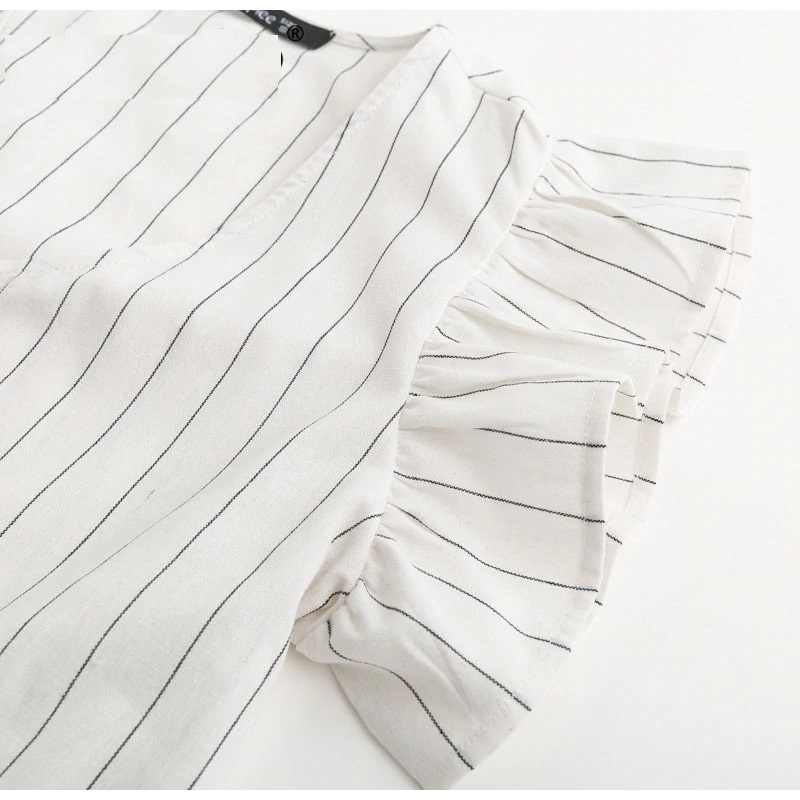 Elegant Ruffle Sleeve V-Neck Striped Long Dress - Power Day Sale