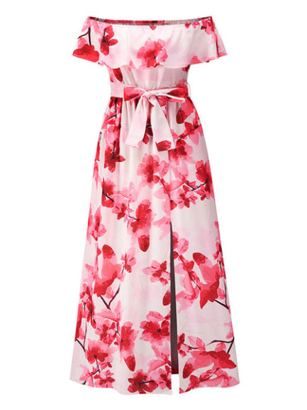 Floral Off The Shoulder Split Maxi Dresses - Power Day Sale
