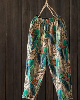 Floral Print Elastic Waist Side Pockets Trousers Pants