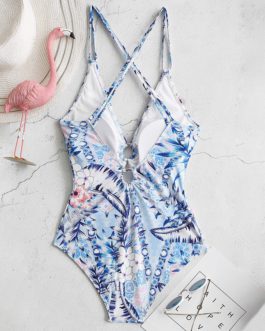 Floral Printed Criss Cross V-Neck Swimwear
