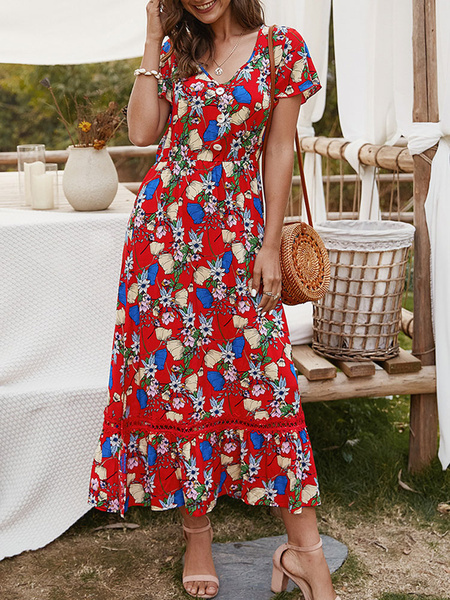 Floral Short Sleeves V Neck Split Long Maxi Dresses - Power Day Sale