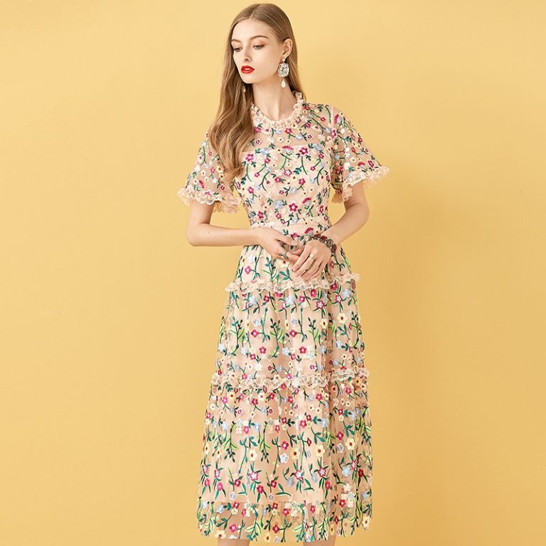 Flowers Embroidery Ruffles Vintage Midi Dresses - Power Day Sale