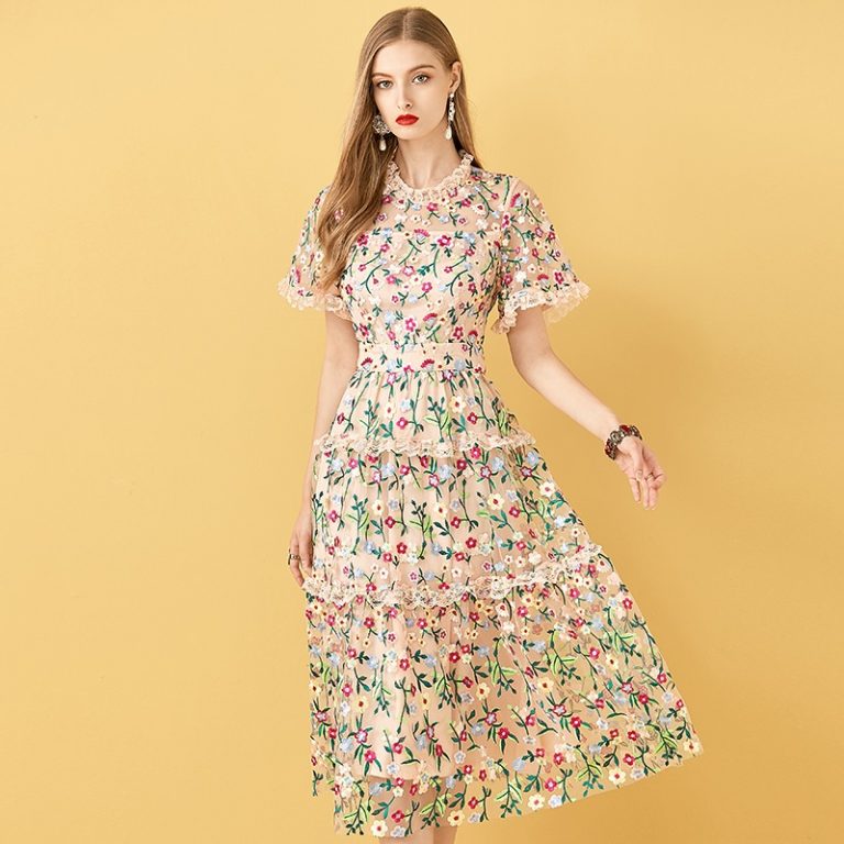 Flowers Embroidery Ruffles Vintage Midi Dresses - Power Day Sale