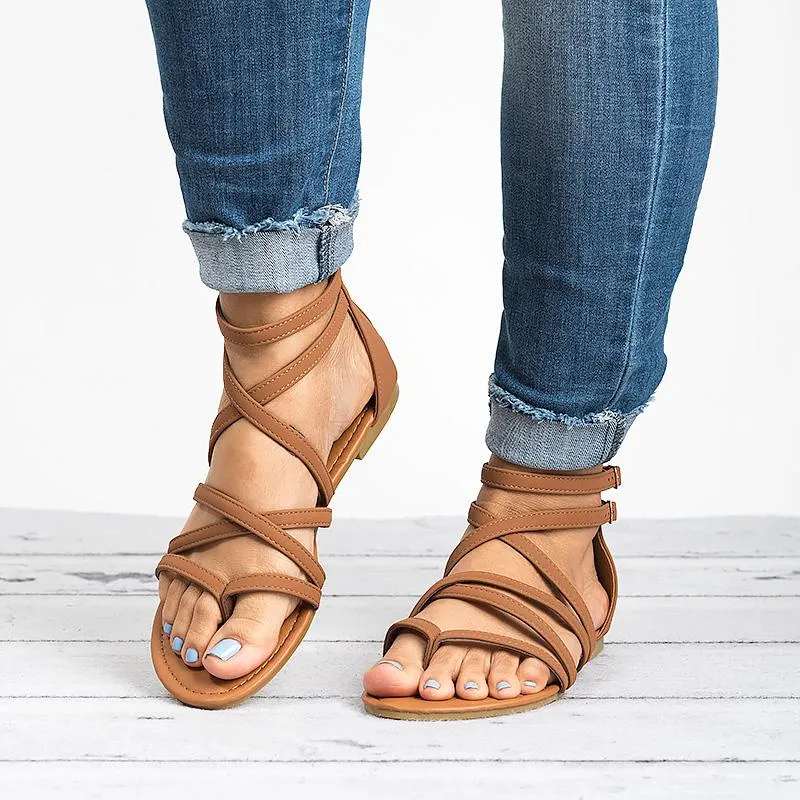 Gladiator Flat Sandals Cover Heel Rome Sandals Zipper Narrow Criss Crossed Straps