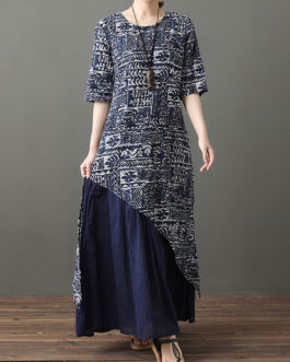 Half Sleeves Floral Print Jewel Neck Layered Cotton Long Maxi Dress
