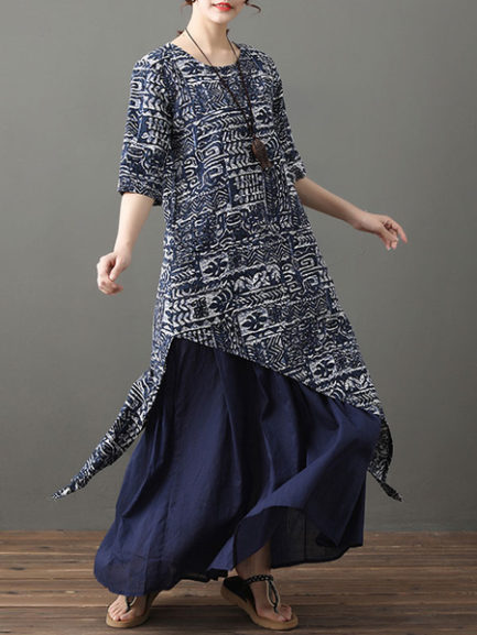 Half Sleeves Floral Print Jewel Neck Layered Cotton Long Maxi Dress ...