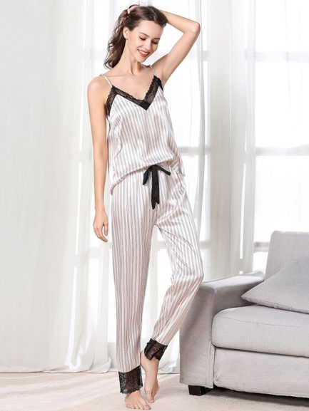 Lace-trim Suit Spaghetti Straps Striped Casual Loungewear - Power Day Sale