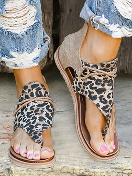 Leopard Boots Open Toe Printed Suede Leather Flat Sandals - Power Day Sale