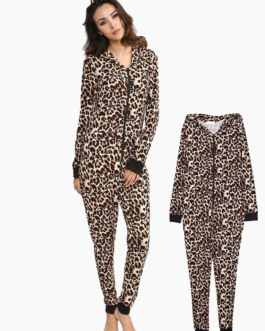Leopard Hooded Jumpsuits Front Zipper Pajama Set