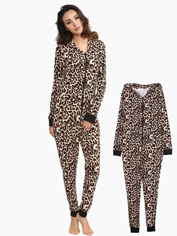Leopard Hooded Jumpsuits Front Zipper Pajama Set - Power Day Sale