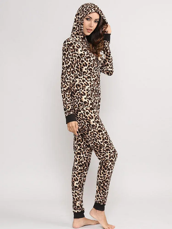 Leopard Hooded Jumpsuits Front Zipper Pajama Set - Power Day Sale