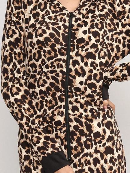 Leopard Hooded Jumpsuits Front Zipper Pajama Set - Power Day Sale