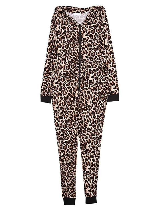 Leopard Hooded Jumpsuits Front Zipper Pajama Set - Power Day Sale