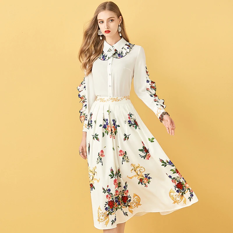 Long Sleeve Floral Print Midi Skirts Set - Power Day Sale