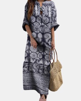 Long Sleeve Vintage Ethnic Print Maxi Dress