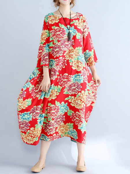 Long Sleeves Floral Print Jewel Neck Layered Cotton Floor Length Maxi ...