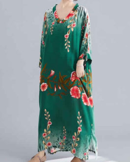 Long Sleeves Floral Print V-Neck Cotton Floor Length Maxi Dress