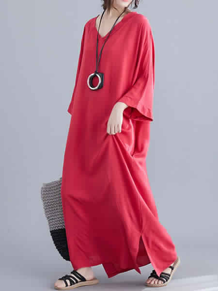Long Sleeves V-Neck Cotton Long Maxi Dress - Power Day Sale