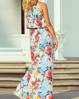Maxi Dresses Floral Print Split Sleeveless Chiffon Beach Dress
