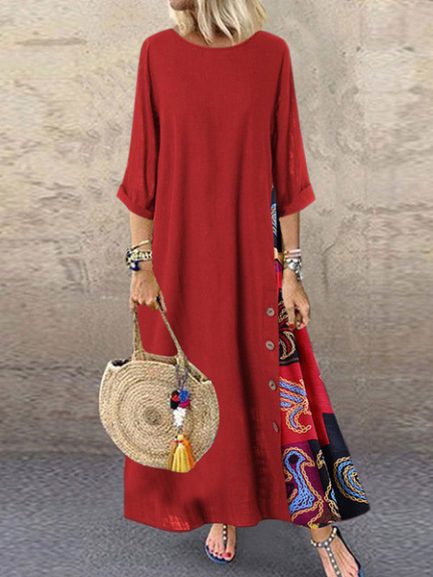 Maxi Dresses Half Sleeves Jewel Neck Printed Long Dress - Power Day Sale