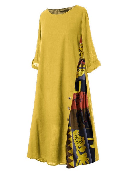 Maxi Dresses Half Sleeves Jewel Neck Printed Long Dress - Power Day Sale