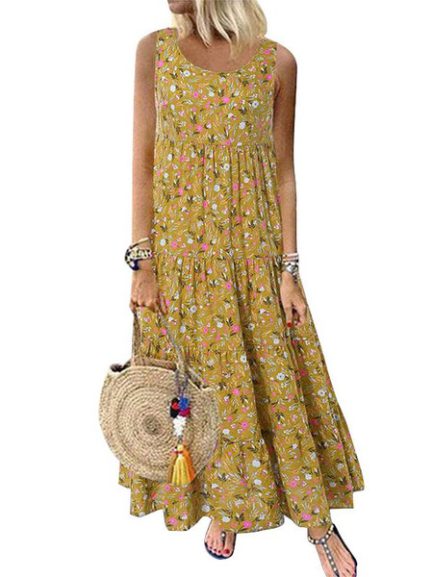 Maxi Dresses Jewel Neck Sleeveless Printed Floor Length Sundress ...