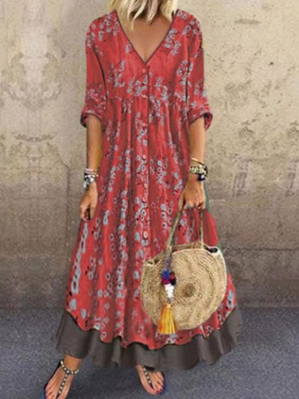 Maxi Dresses V-Neck Half Sleeves Printed Floor Length Oversized Dress ...